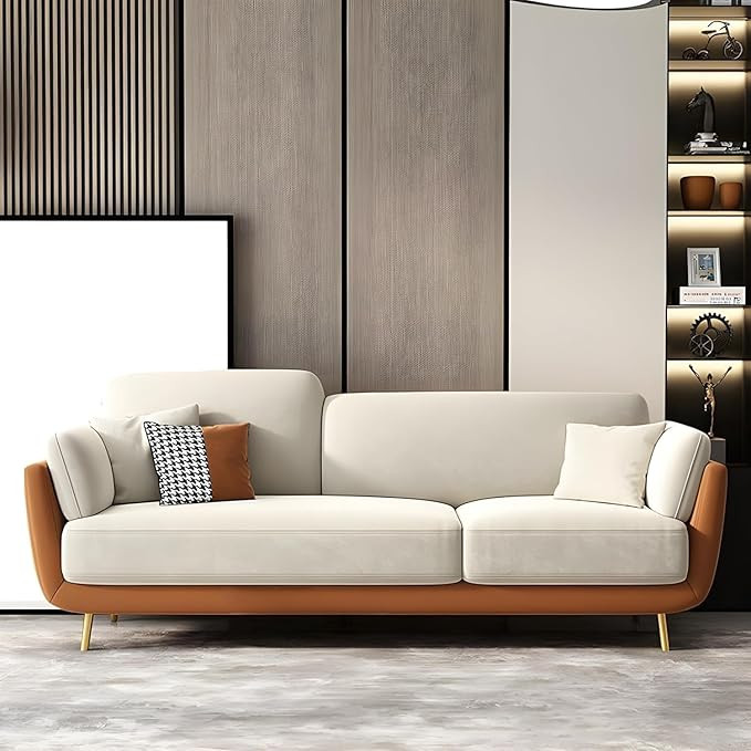 TA Stylish and Luxurious 3 Seater Sofa Chesterfield Velvet & Fabric Comfortable Sofa Perfect for Home, Living Rooms, Guest Rooms, Hotels, and Offices-Colour=(3 Seater Brown & Beigee).