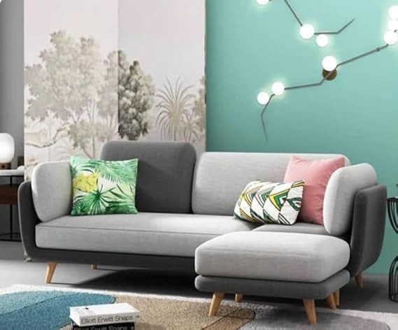 TA Stylish and Luxurious 3+Puffy Seater Sofa Chesterfield Velvet & Fabric Comfortable Sofa Perfect Living Rooms, Guest Rooms, Hotels, and Offices=(3 Seater with Puffy Grey & Beige).