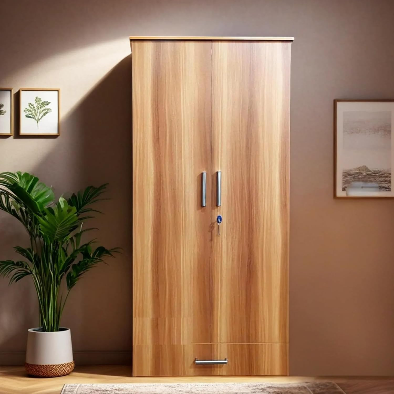 TA CASPIAN Engineered Wood 2 Door Wardrobe (Light Brown) | Pre-Assembled Furniture | Cupboard/Almirah for Bedroom Clothes Storage Organizer with 4 Shelves, 3 Drawers with Key Locker