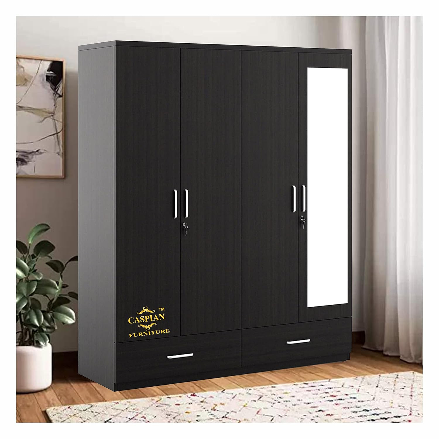 TA CASPIAN Engineered Wood 4 Door Wardrobe (Coffee Black) | Furniture with Dressing Mirror | Cupboard/Almirah for Bedroom Clothes Storage Organizer | with Locker, 3 Drawers & 6 Shelves