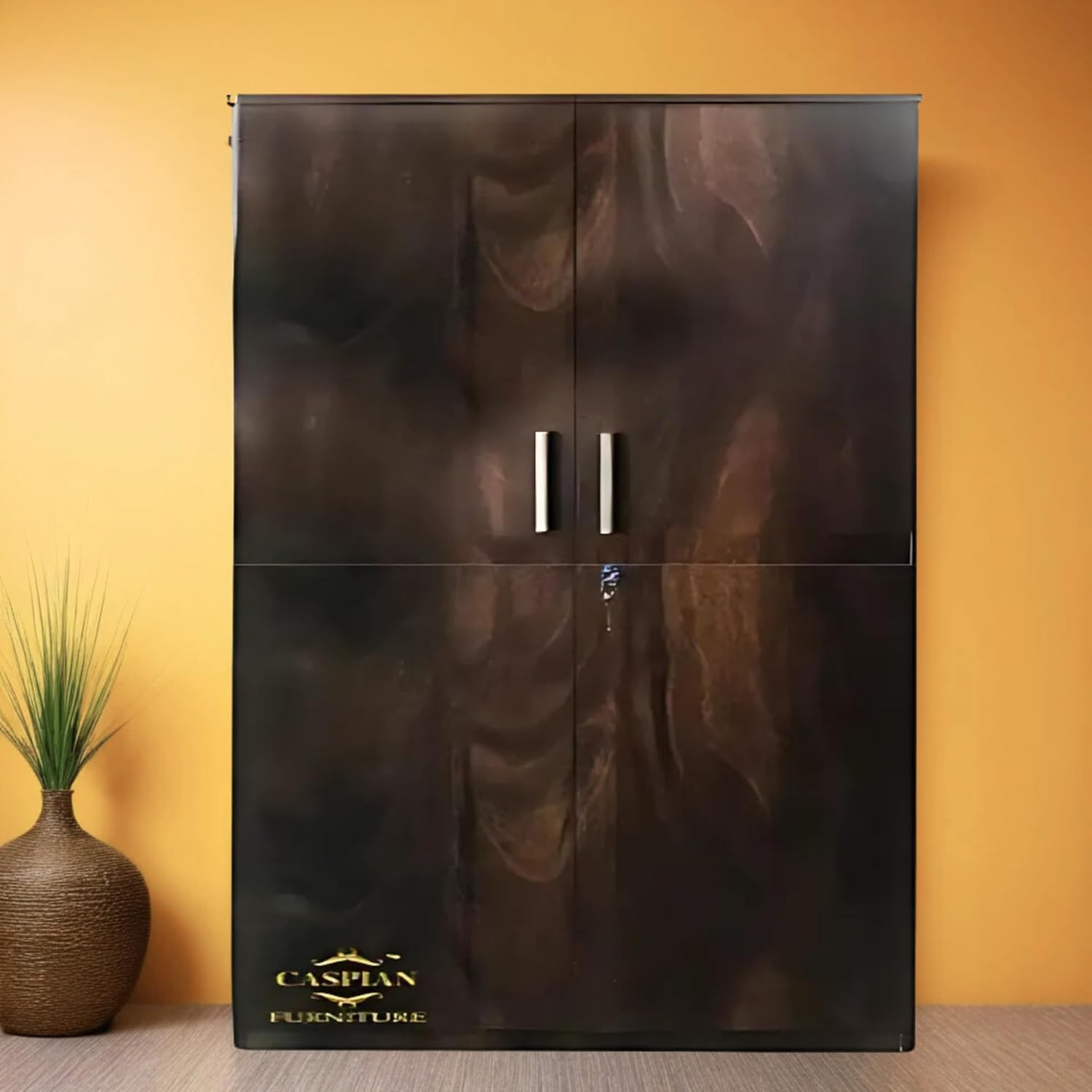 TA CASPIAN Engineered Wood Double Door Wardrobe (Brown) | Pre-Assembled Furniture with Hanging Space | Cupboard/Almirah for Bedroom Clothes Storage Organizer with 4 Shelves, 3 Drawers & Locker