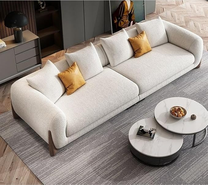 TA Modern Comfortable Sofa Boucle Fabric Sofa for Living Room, Bedroom, Office with Pillow (Off-White, 3 Seater)
