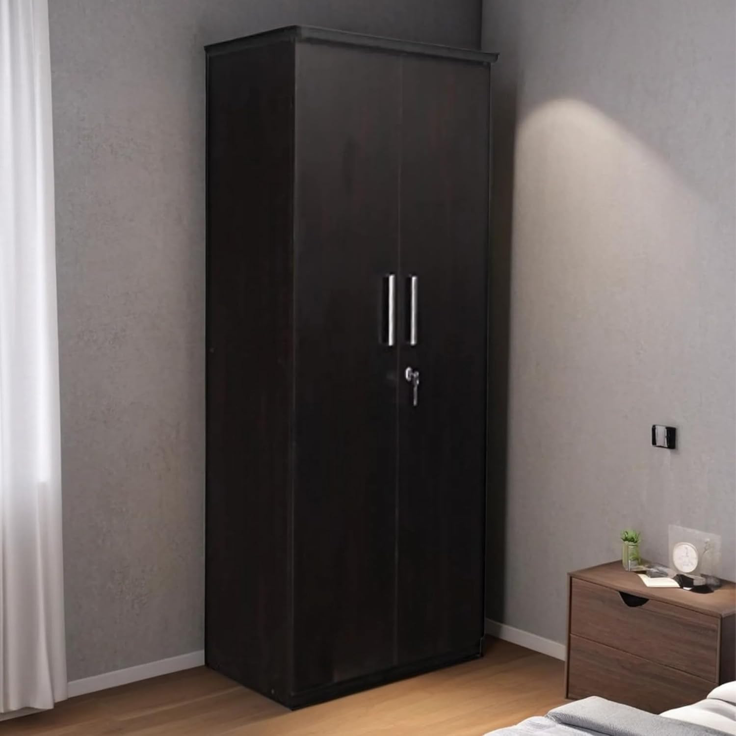 TA CASPIAN Engineered Wood 2 Door Wardrobe (Walnut Brown) | Pre Assembled Home Furniture | Cupboard/Almirah for Bedroom Clothes Storage Organizer with 5 Shelves & 2 Drawers