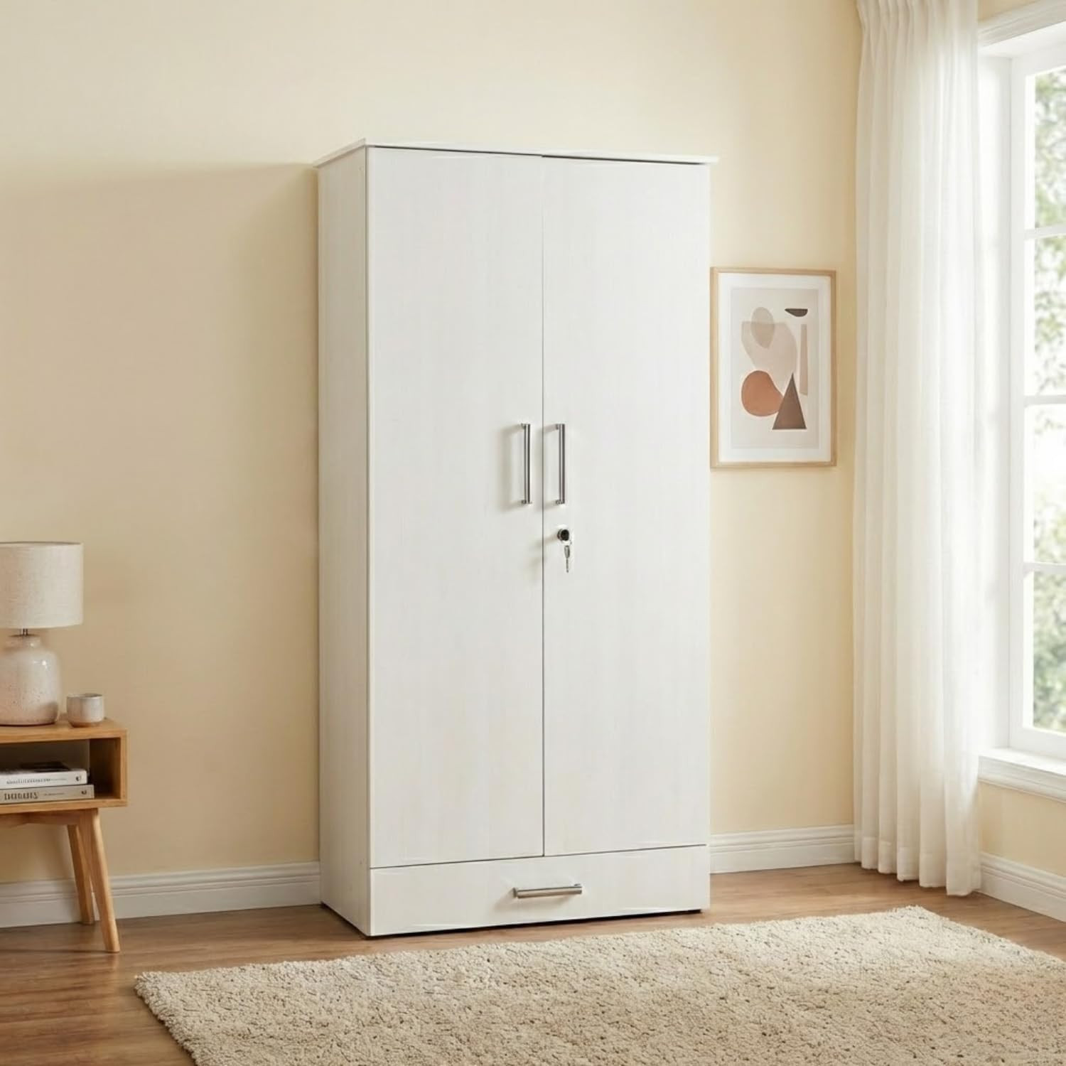 TA CASPIAN Engineered Wood 2 Door Wardrobe (White) | Pre Assembled Furniture | Cupboard/Almirah for Bedroom, Office & Kid’s Room | Home Clothes Storage Organizer with 4 Shelves & 2 Drawers