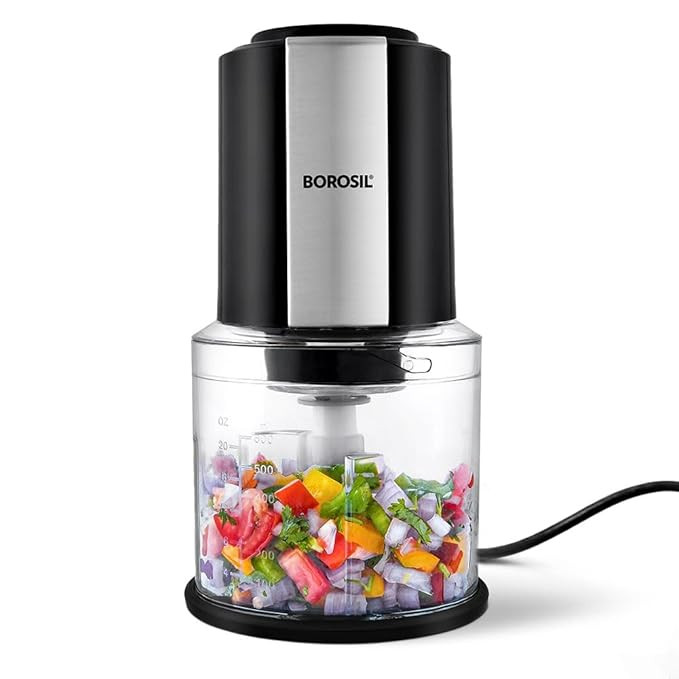 TA  Borosil Chef Delite 300 Watts Electric Chopper for Kitchen, Twin Blade Technology, 600 ml 'chop-n-store' plastic bowl with lid, Vegetable Chopper, Cutter, Chop, Mince, Dice, Whisk, Blend, Black