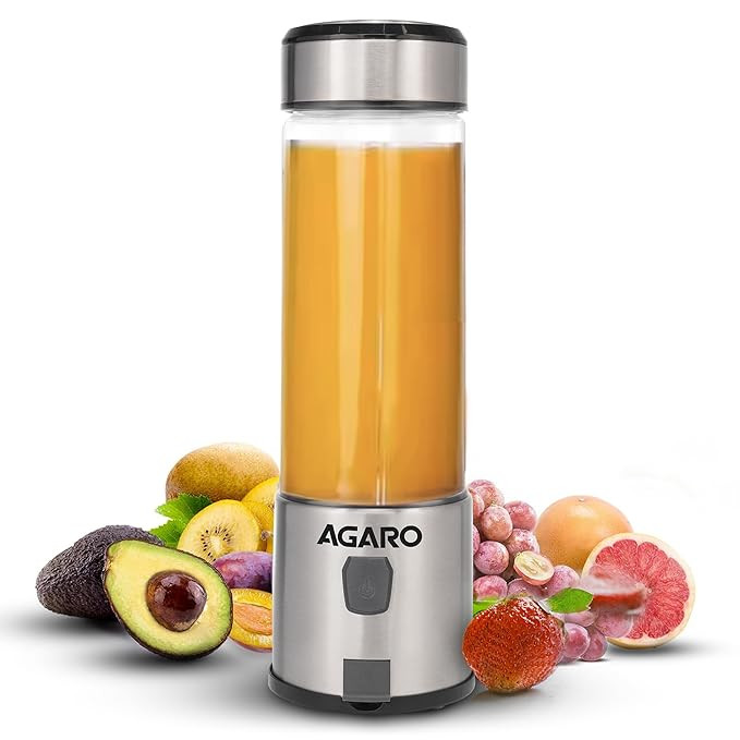 TA   AGARO Galaxy Portable Blender for Smoothie & Milk Shakes, 450ml, USB Type C Rechargeable, 3000 mAh Battery, Mini Personal Blender for Home, Office, Gym, Travel. 126W, Stainless Steel Blade
