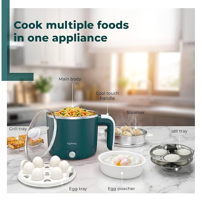 Lifelong Multipurpose Kettle with Idli Tray | Multi Cooker Electric Kettle | 1.2L Stainless Steel Body | Auto Cut-Off, 300W Slow Heat & 650W Quick Boil | Boil Rice, Steam Veggies, Eggs, Momos & Idli