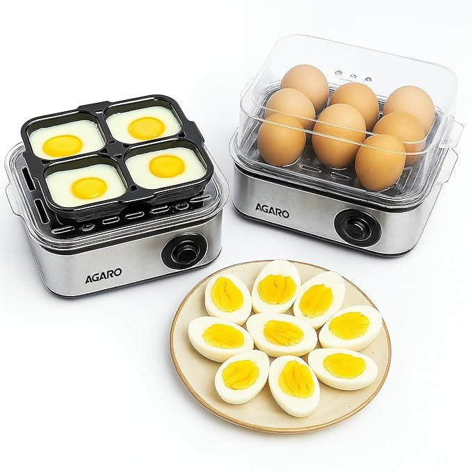 TA  AGARO Grand Egg Boiler And Poacher, 2-in1 Boils 8 Eggs, Poach 4 Eggs, Steamed Vegetables, 3 Boiling Types, Stainless Steel Body, Transparent Lid, 500W, Silver