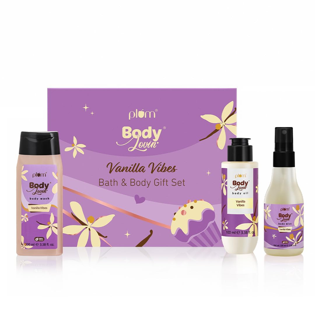 TA Plum BodyLovin' Vanilla Vibes Bath & Body Gift Set | Wash | Mist | Oil | Long-Lasting Fragrance | For Women | Gifting For Rakhi & Special Occasions| Pack Of 3