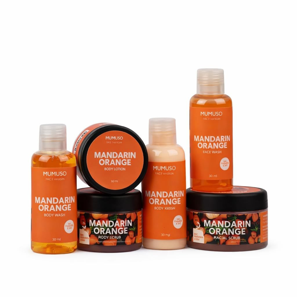 TA Mandarin Orange Travel Skincare Kit, Face Wash, Body Wash, Lotion, Scrub, Paraben & SLS Free, 6 Items