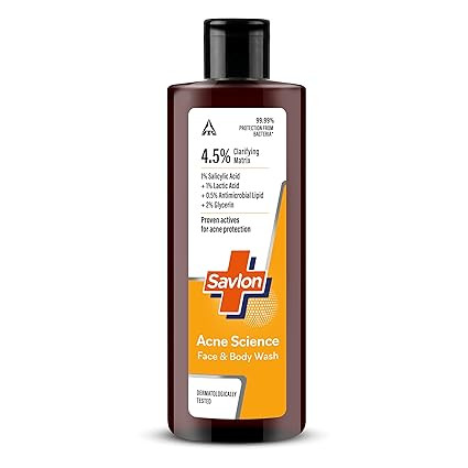 TA Savlon Acne Science Face & Body Wash 250ml | Fights Acne Causing Bacteria | 1% Salicylic Acid, 1% Lactic Acid, 0.5% Antimicrobial Lipid | Visibly Reduces Body Acne in 7 Days | Dermatologically Tested