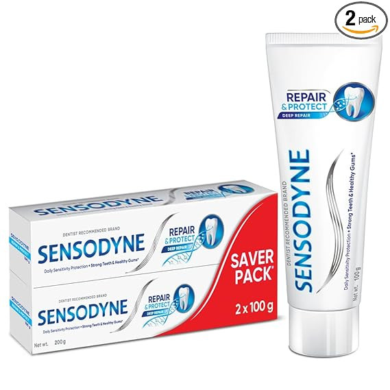 TA Sensodyne Toothpaste Repair and Protect | Tooth Paste for Daily Sensitivity Protection, Long-lasting Relief | Combo Pack - 200gm (100gm x 2) | Fresh Taste | Dentist Recommended
