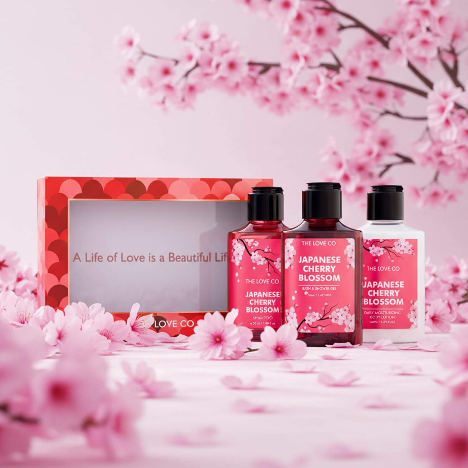 TA THE LOVE CO. Japanese Cherry Blossom Gift Set for Women | Body Wash, Body Lotion, Shampoo | Pack of 3 | Luxury Bath & Body Pampering Kit | Birthday, Anniversary & Special Occasion Gift | Premium Vegan Packaging