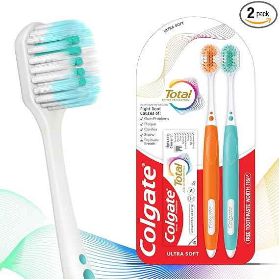 TA Colgate Toothbrush Total (2pcs) | 2X More Ultra Soft Bristles with Free Total Advanced Toothpaste 20g