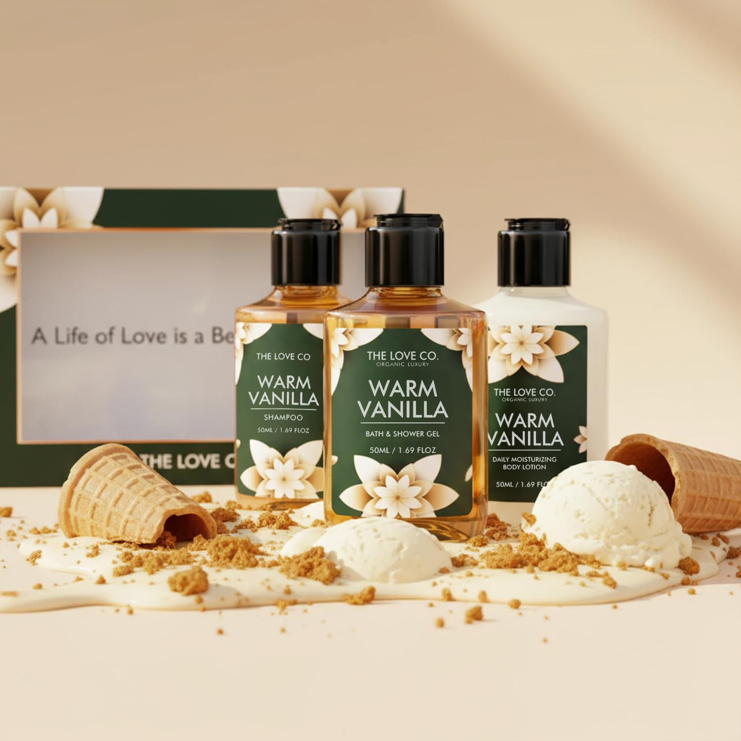 TA THE LOVE CO. Warm Vanilla Bath & Body Gift Set Pack Of 3 | Body Wash | Body Lotion | Shampoo | Long-Lasting Warm Vanilla Fragrance | Gift Set For Women | Gifting For Birthday, Valentine's, Anniversary, Rakhi & Special Occasions| Premium Gift Packaging
