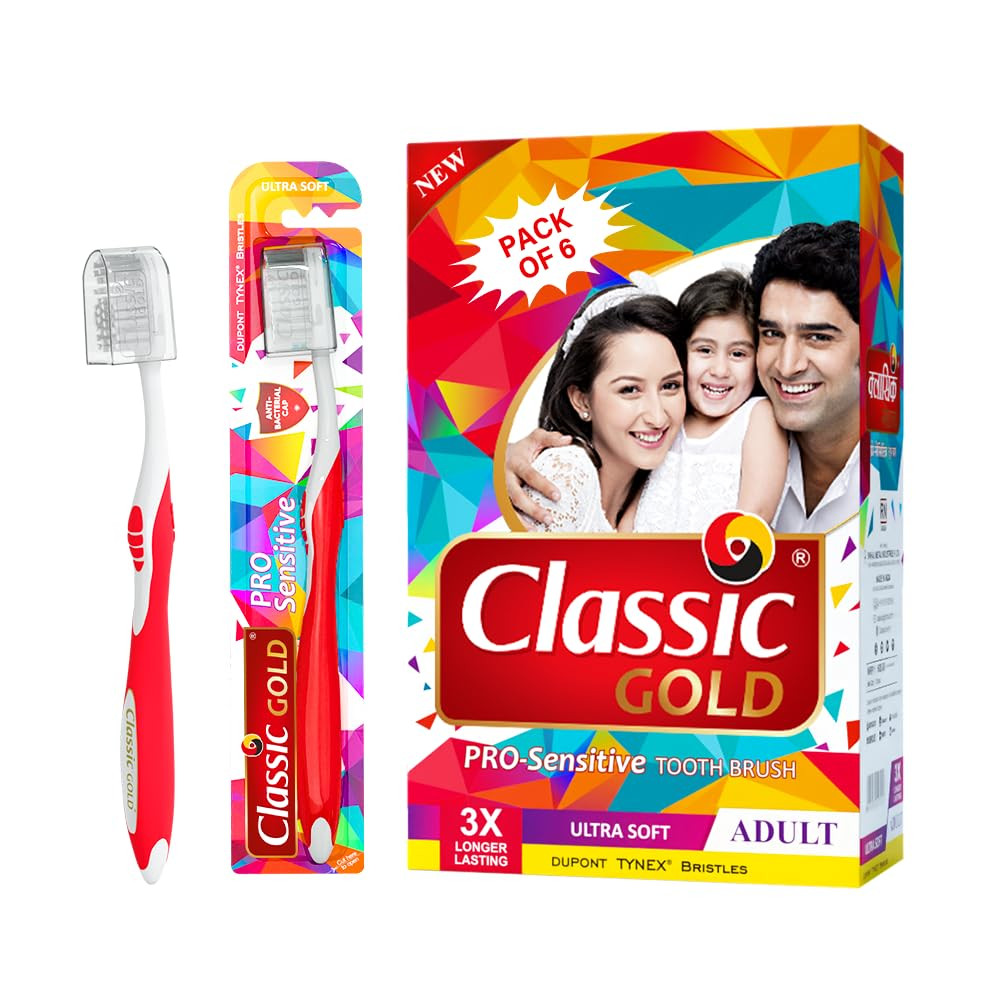 TA Classic Gold Pro Sensitive Manual Toothbrush for Adults | With Ultra Soft Dupont Tynex Bristles for Sensitive Gums and Anti Bacterial Cap | Pack of 6 Pieces - Multicolor