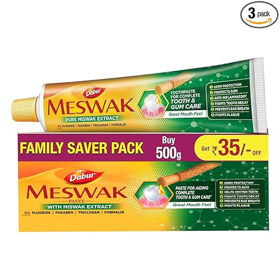 TA Dabur Meswak Complete Oral Care Toothpaste - 500g (2 x 200g + 1 x100g) | Complete Oral & Gum Care Toothpaste | Contains Pure & Rare Miswak extract | No added Fluoride, Paraben, Triclosan & Formalin