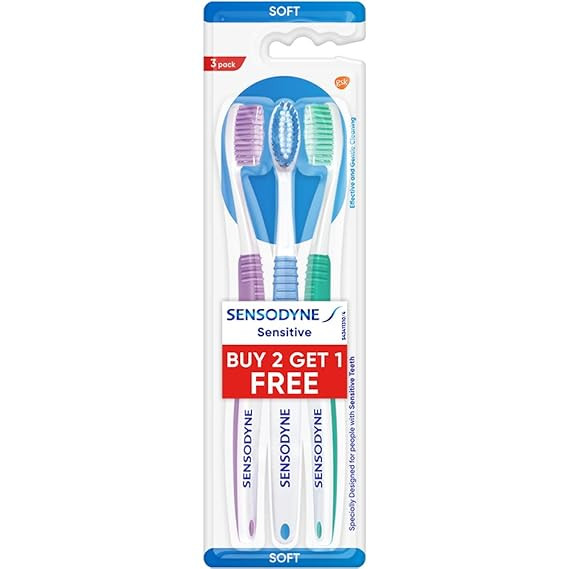 TA Sensodyne Toothbrush: Sensitive manual tooth brush with soft rounded bristles for adults, 3 pieces (Multicolor)