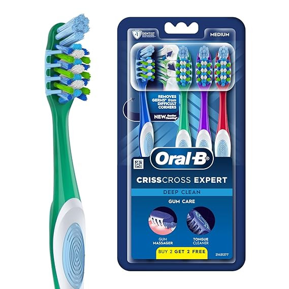 TA Oral-B Crisscross Gum Care Deep Clean Medium Bristles Manual Toothbrush For Adults, Multicolour Toothbrush Set, Dentist Recommended Brand (Buy 2 Get 2 Free)