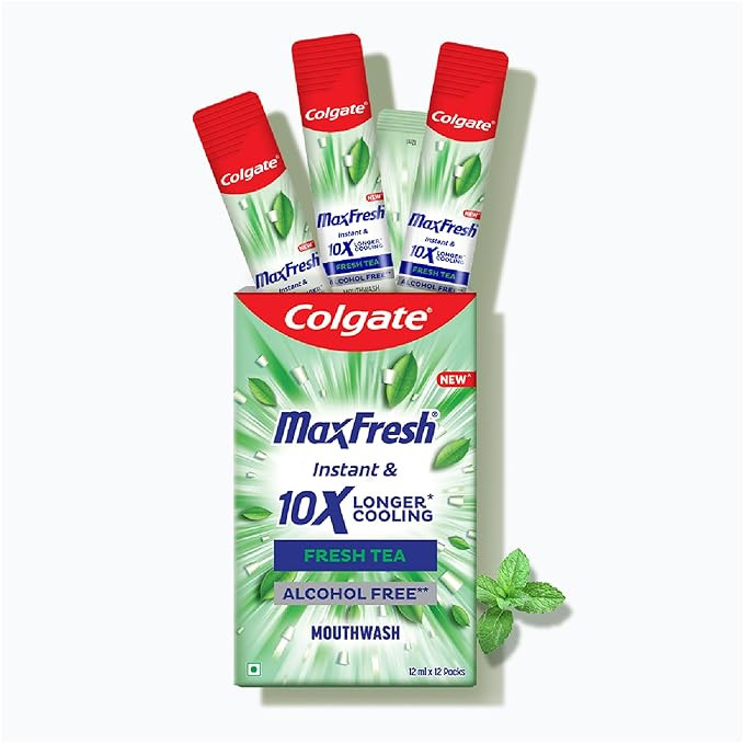 TA Colgate MaxFresh Mouthwash Sachet Stick, Antibacterial, Fresh Tea Flavour, On-The-Go Instant Easy Freshness for Travel & Daily Use, 0% Alcohol, Box of 12 Sachets x 12mL each (144mL)