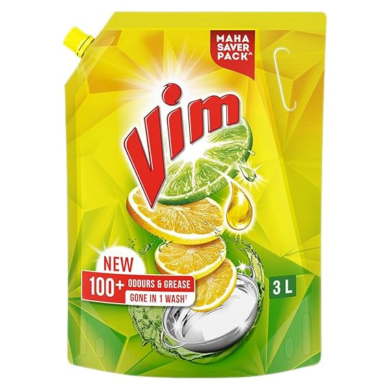 TA Vim Dishwash Liquid 3 L pouch | Removes 100+ Odours & Grease in 1 wash | With the power of 100 Lemons