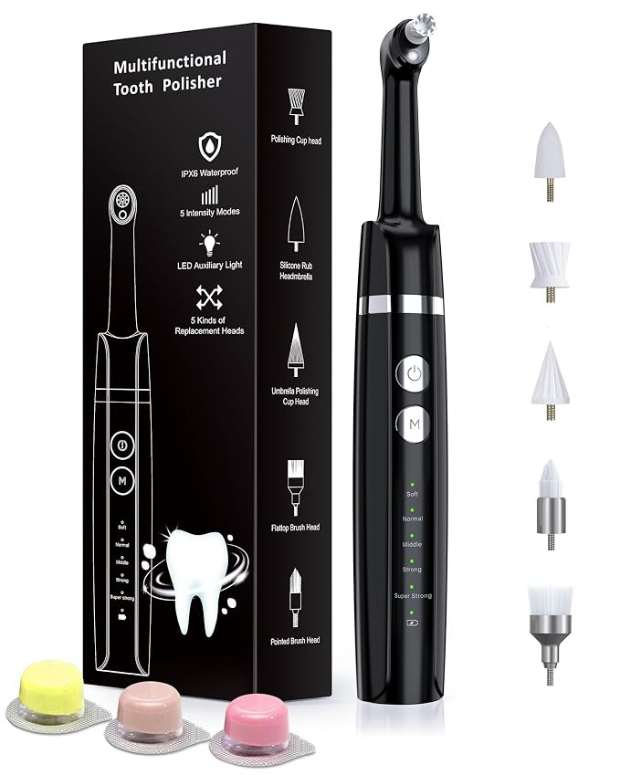 TA Tooth Polisher, Rechargeable Tooth Whitening Kit for Teeth Cleaning and Whitening, with 3 Tooth Polish Paste and 5 Brush Heads, LED Light, Easy to Use at-Home Personal Dental Care Kit (Black)