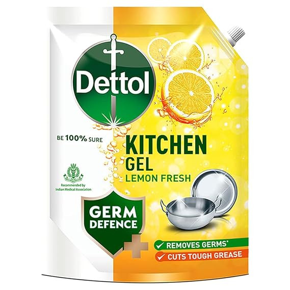 TA Dettol Dishwash liquid and Kitchen Gel || Cuts Tough Grease || Remove germs || Lemon Fragrance ||1500ml (Refill Pack)