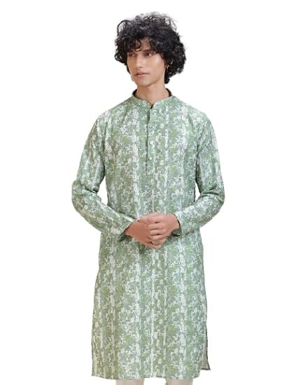 TA Men's Green Printed Thread Sequin Work Kurta | Mandarin Collar Ethnic Kurta for Men | Full Sleeve Regular Fit Festive, Wedding, Party