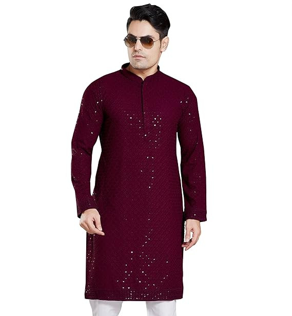 TA  Men's Sequince Embroidered Cotton Blend Only Slim Fit Kurta