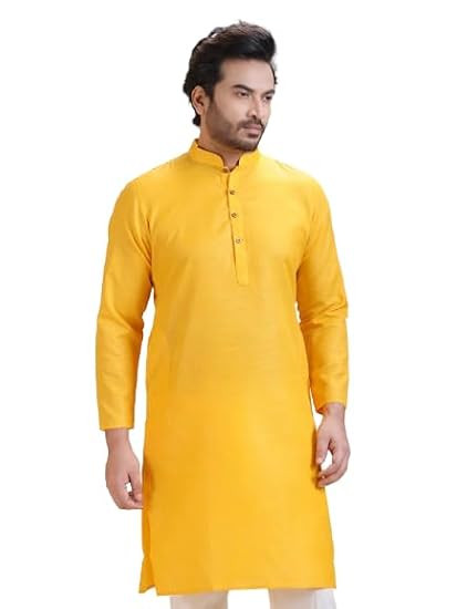 TA Men's Yellow Solid Cotton Straight Kurta | Mandarin Collar Ethnic Kurta for Men | Full Sleeve Regular Fit for Festive, Casual, Party & Wedding Occasions
