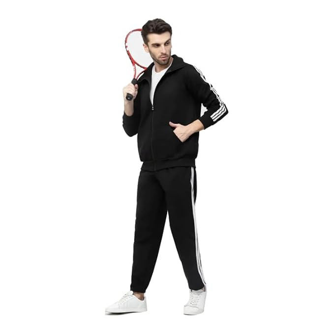 TA Men's Athletic Track Suit, Black with White Stripes, Full Zip Jacket and Pants Set.