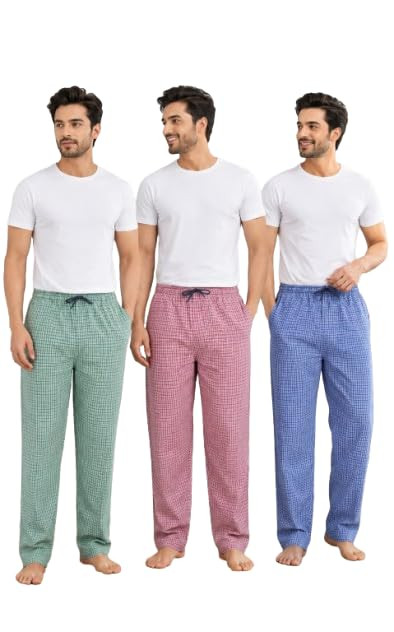 TA Mens Cotton Checkered Pyjama for Night Wear, Relaxation and Sleep (Pack of 3)(Green,Red&Blue)
