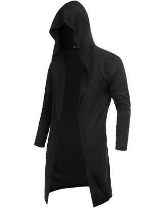 TA Longline Hooded Cardigan Ruffle Shawl Collar Open Front Drape Cape Overcoat
