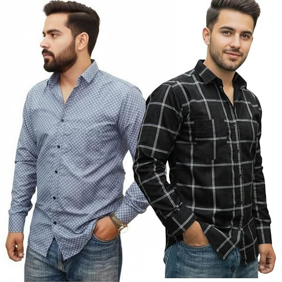 TA Pack of 2 Men's Cotton Fabric Button Down Full Sleeve Collar Neck Regular Fit Check & Dotted Printed Combo Shirt