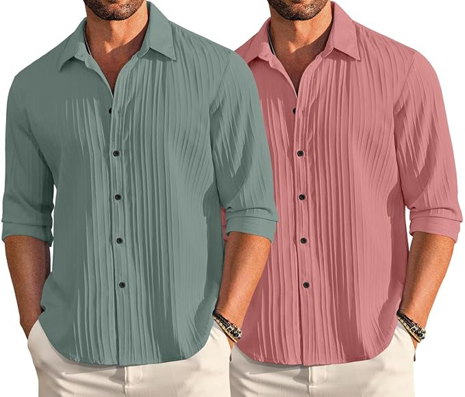 TA Combo of Men's Textured Cotton Blend Casual Shirt | Comfortable Regular Fit Shirt with Full Sleeves | Stylish Vertical Crinkle Pattern | Trendy Everyday Wear (Pack of 2)