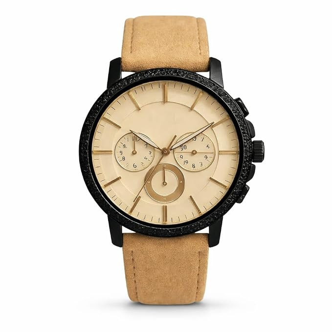 TA Watch, Black Case with Tan Leather Strap, Gold Dial, Multi-Function Display.