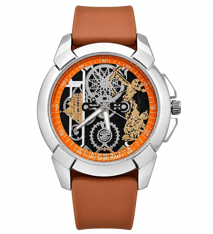 TA Jay Shri Ram Hanuman Quartz Watch Silicone Strap for Men | Gold Deity Engravings, Exposed Gear Movement.