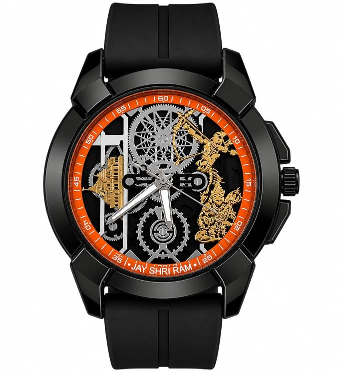 TA Jay Shri Ram Hanuman Quartz Watch Silicone Strap for Men | Gold Deity Engravings, Exposed Gear Movement.
