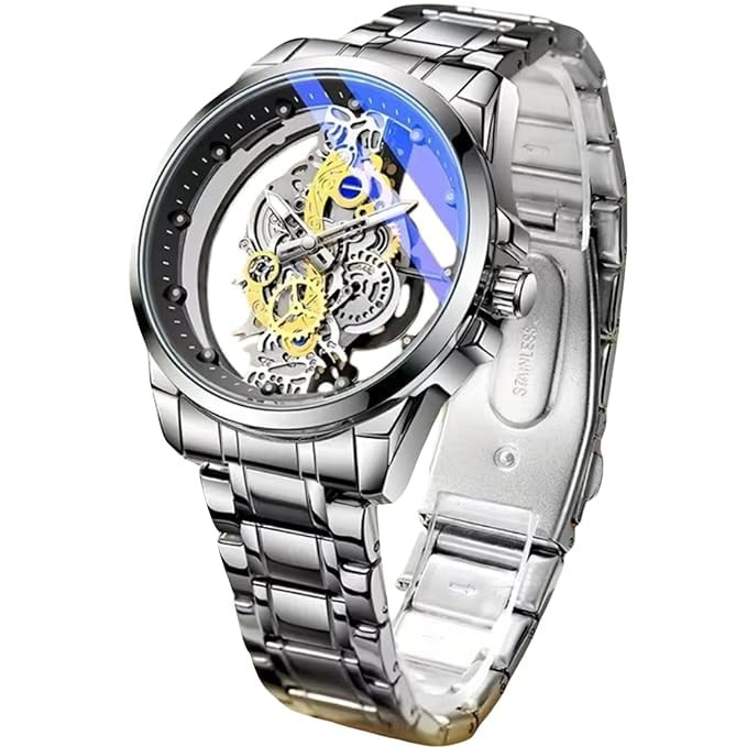 TA Rick Automatic Skeleton Watch for Men, Mechanical Movement, Stainless Steel Strap, Transparent Dial, Premium Luxury Wrist Watch for Party & Formal Wear (Ice Silver).