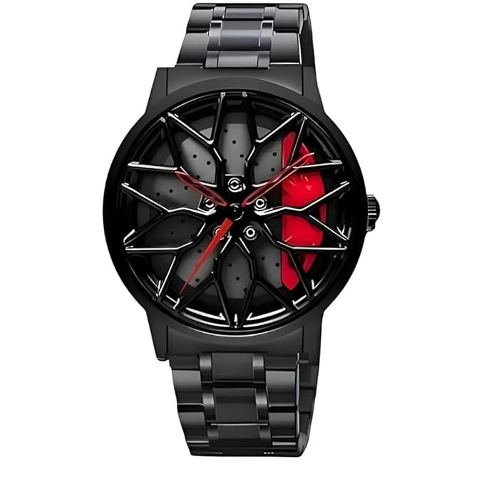 TA Stylish Car Wheel Watch, Racing Brake Disc Design Dial, Black Stainless Steel Band, Red Accents Dial for Boyes and Man (Flower RED).
