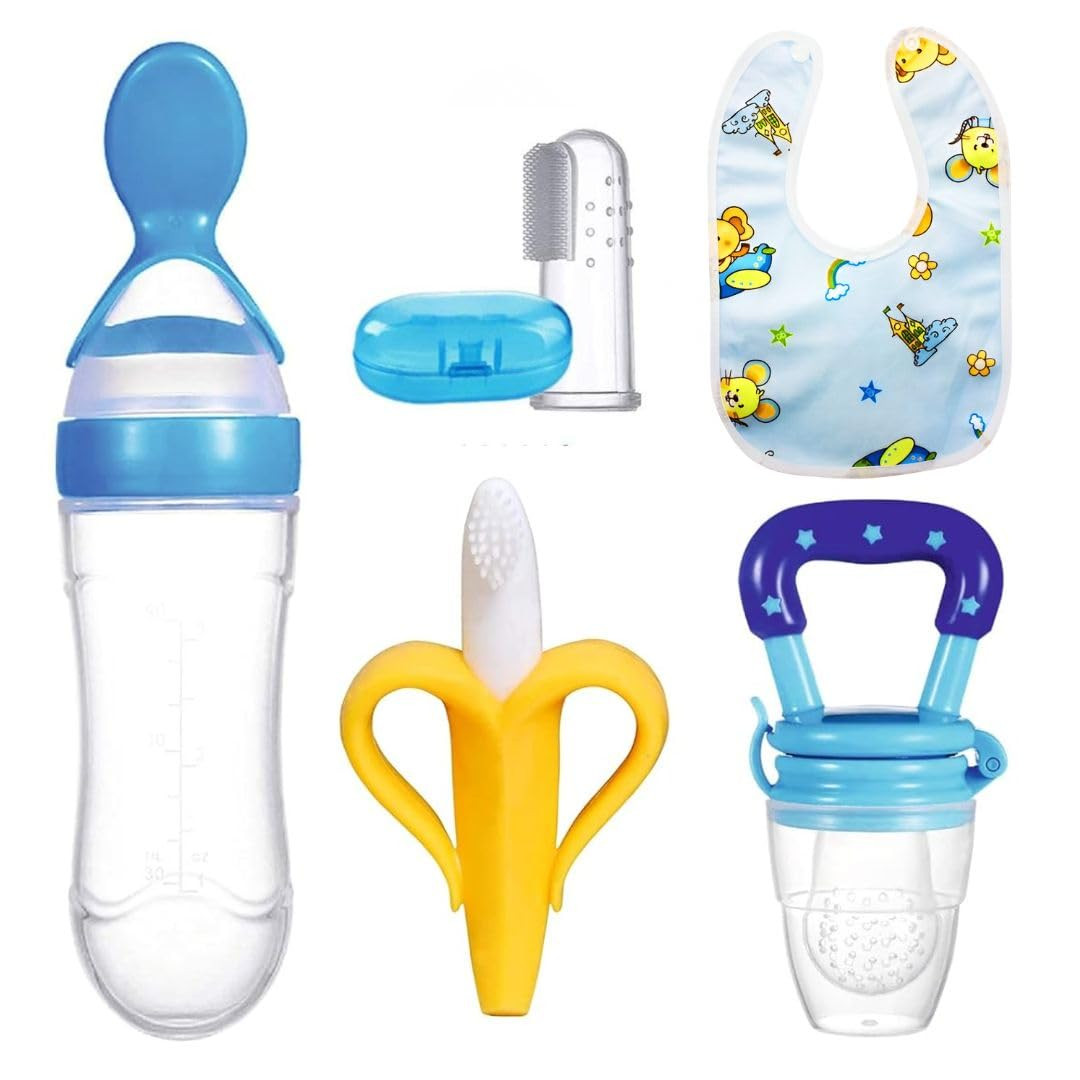 Banana Shape Baby Teether & Toothbrush Combo | Silicone Fruit Feeder, Squeeze Spoon Feeder 90ml, Finger Toothbrush & Waterproof Bib | BPA Free Infant Feeding Set (Combo 5)