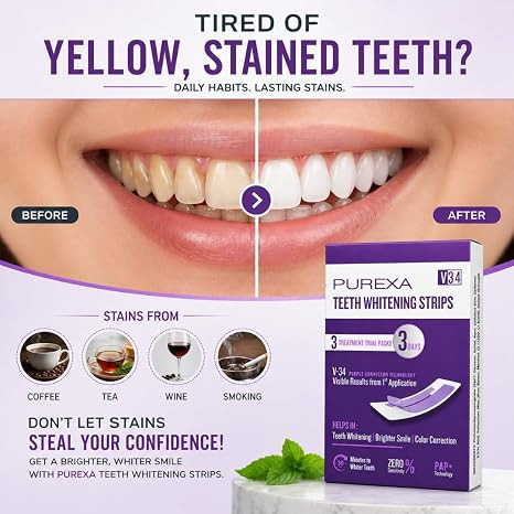 PAP+ Teeth Whitening Strips 3 PCS | V34 Enamel-Safe Whitening | Removes Coffee, Tea & Tobacco Stains | Smile Brightening Oral Care Kit for Men & Women