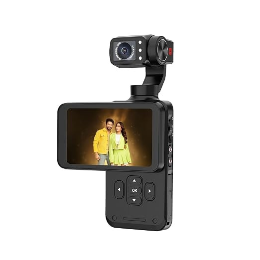 Handheld Action Camera with AI Face Tracking, 3.5” Rotating Screen, 48MP Sensor, Wi-Fi, Night Vision & External Mic Support.