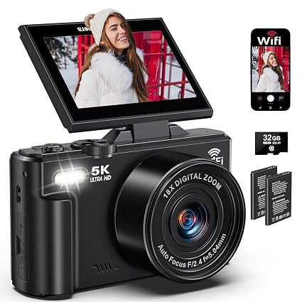 Digital Camera with WiFi, 18X Digital Zoom, Auto Focus, Flip Screen, 32GB Card and 2 Batteries