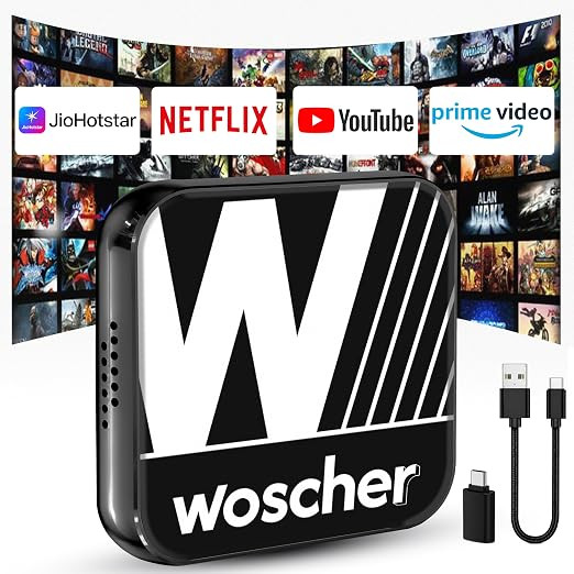 WOSCHER Picasso+ Airstream Wireless CarPlay Adapter AI-64 | Smart Chip, Plug & Play, Auto Reconnect | 3GB RAM + 32GB ROM | 4K Video Decoding, 4G/5G Hotspot, GPS Built-in | Android & iOS Compatible