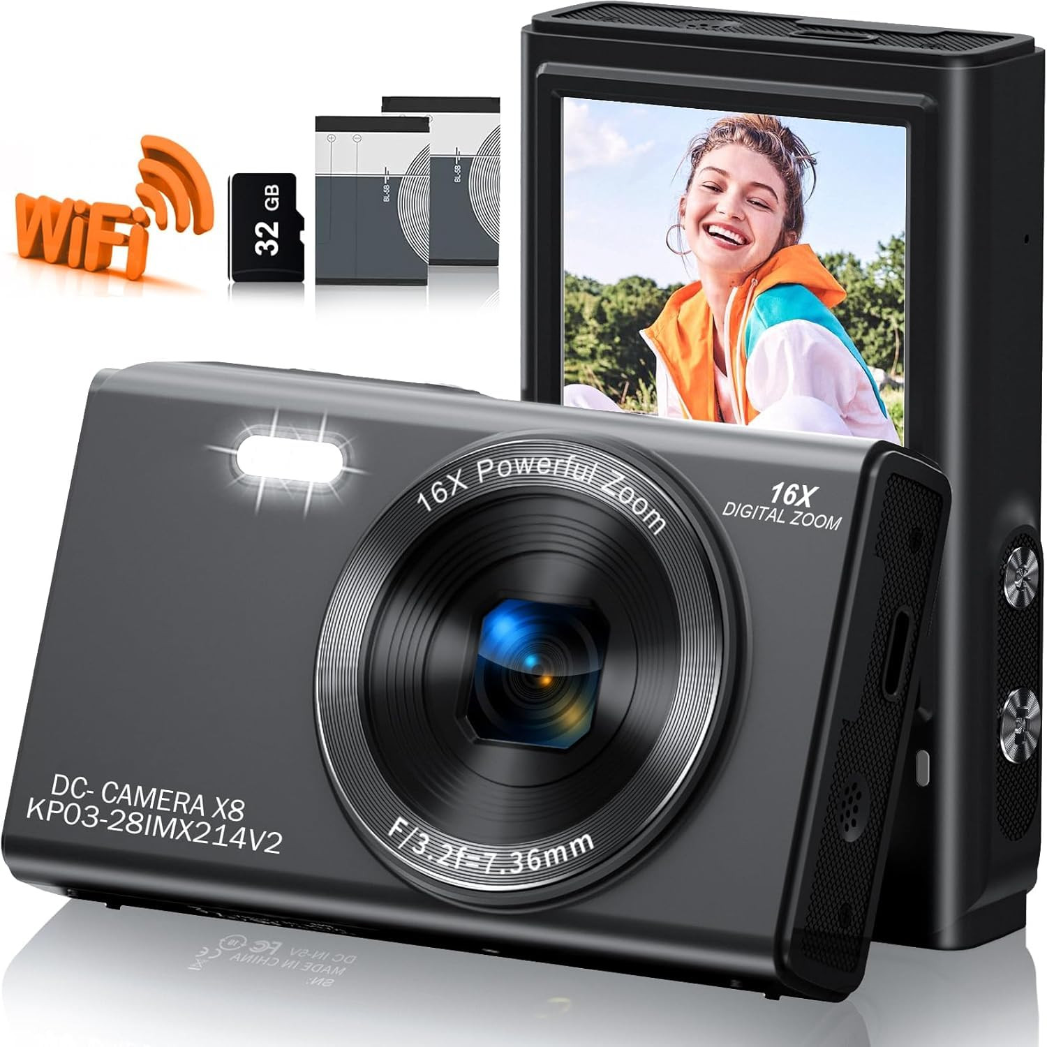 Digital Camera, FHD Kids Cameras for Photography, 4K 44MP Compact Point and Shoot Camera for Kids, Teens and Beginners with 32GB SD Card, 2 Rechargeable Batteries (JetBlack)