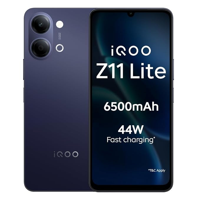 iQOO Z11 Lite 44W 5G (Midnight Blue, 6GB RAM, 256GB Storage) | 6500mAh Battery with 44W Fast Charging* | Dimensity 6300 with 579k+ AnTuTu Score* | OriginOS 6.0 with AI Creation* & Private Space*.