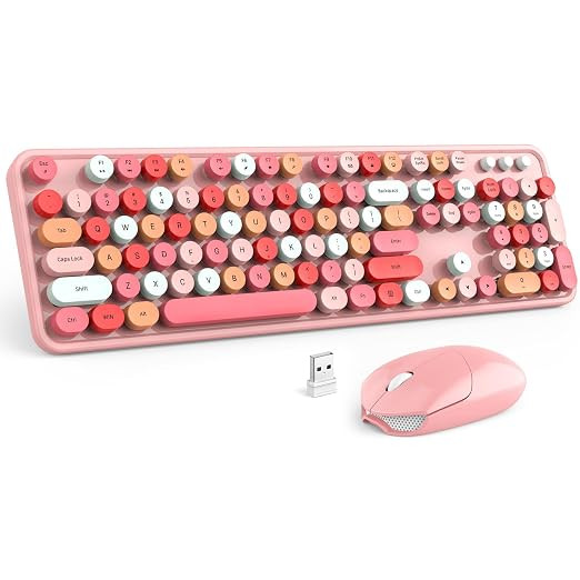 MOFII Wireless Keyboard and Mouse, Pink Colorful Round Key Retro Typewriter Keyboards, USB Wireless 2.4G Full Size Keyboard and Cute Mice Combo for Computer, Laptop, PC, Chromebook, Smart TV.