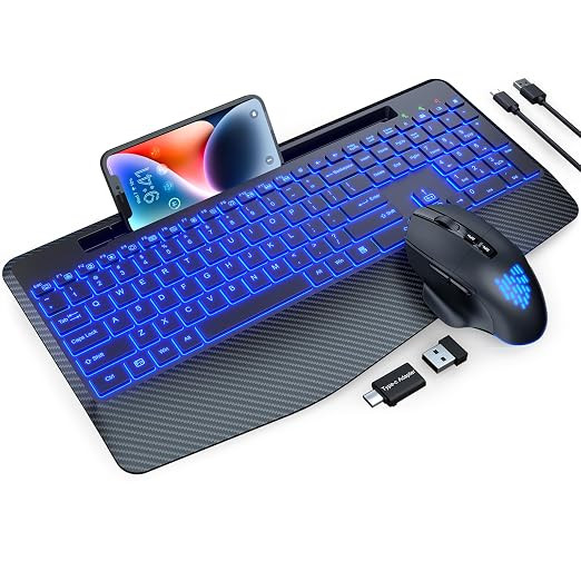 Wireless Keyboard and Mouse Backlits, Wrist Rest, LED Mouse, Rechargeable Holder, Silent Light Up Combo for Computer, Mac, PC, Laptop, Chromebook (Black).