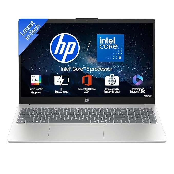 HP 15, Intel Core 5 120U (14th Gen) 8GB DDR4, 512GB SSD, FHD, Anti-Glare, Micro-Edge, 15.6''/39.6cm, Win11, M365(1yr)* Offic24, Silver,1.65kg, fd1444TU/fd1654tu, FHD Camera w/Shutter, Backlit Laptop.
